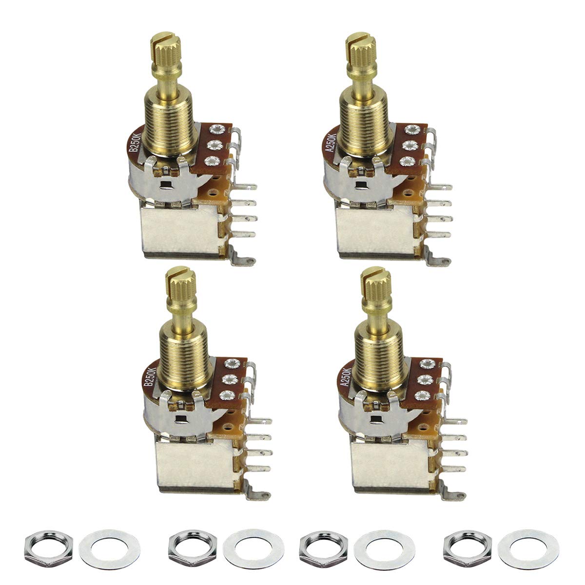 FLEOR 4PCS A250K+B250K Push Push Bounce Switch Potentiometer Long Split Copper Shaft for Electric Guitar Bass Volume/Tone Controls(Set of 2A2B)