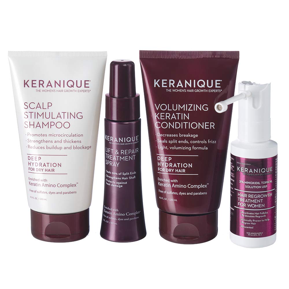 Keranique Hair Regrowth System – 30 Days - Keratin Amino Complex - Free of Sulfates, Dyes and Parabens, Includes Shampoo and Conditioner, Minoxidil and Lift and Repair Spray for Dry Thinning Hair