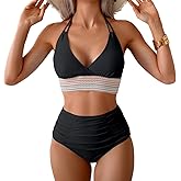 Cromi Womens High Waisted Bikini Sets Tummy Control Swimsuits Color Block Bathing Suit High Cut Swimwear