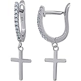 Sterling Silver Or Yellow-Tone Unisex Cubic-Zirconia Cross Religious Dangle Hoop Earrings