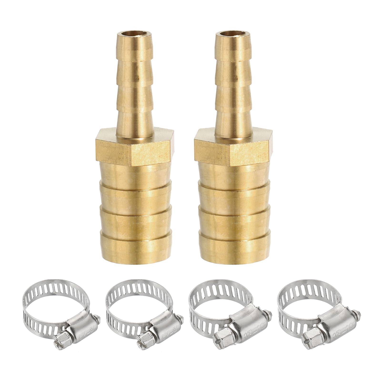 PATIKIL 5/16" to 5/8" Brass Hose Barb Reducer, 2Pcs Barbed Hose Fittings with 4 Stainless Steel Clamps Reducing Splicer Mender Union Adapter for Air Water Fuel