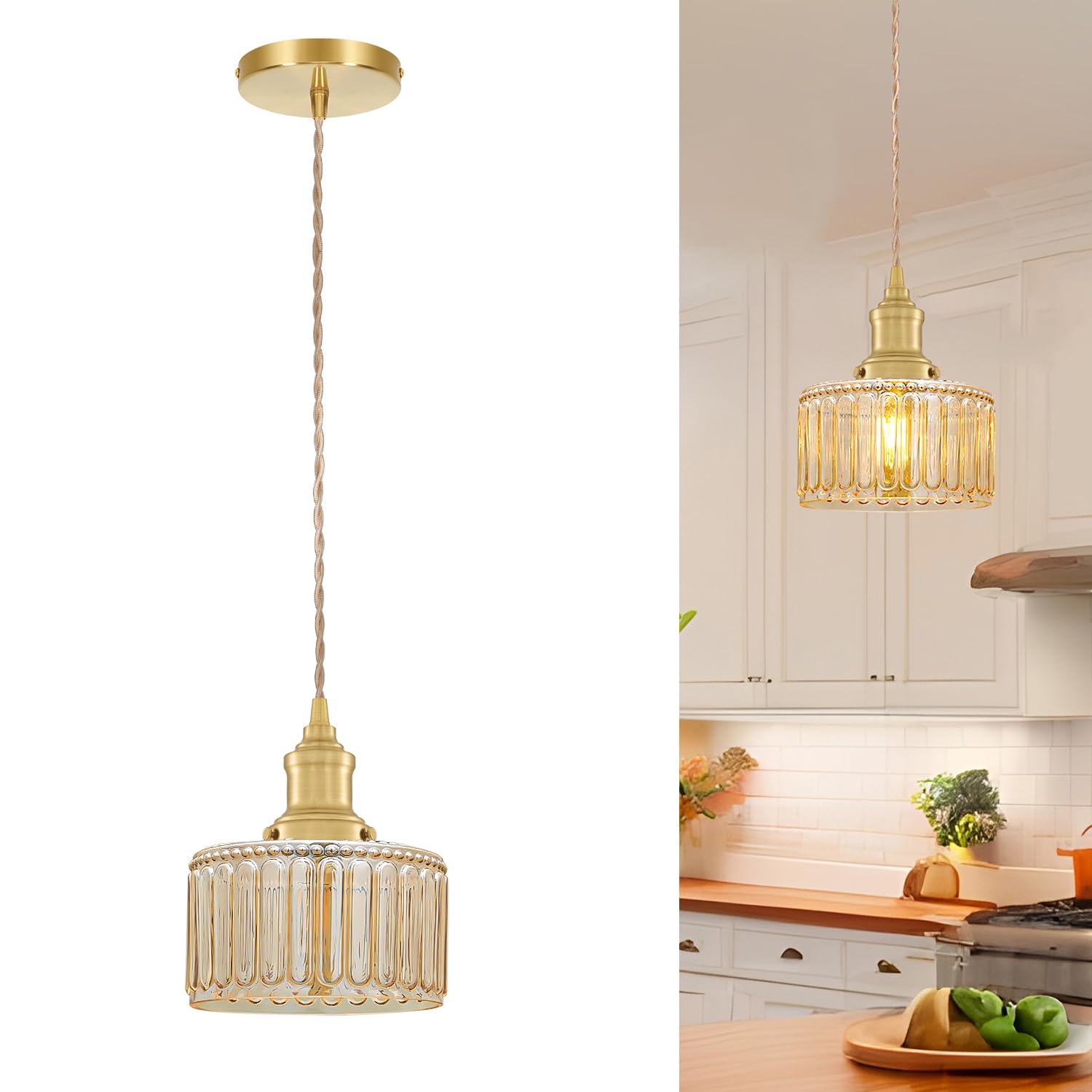 Photo 1 of **MISSING PARTS**
Vintage Pendant Light with Amber Striped Glass Lmapshade, Gold Pendant Lights Kitchen Island, Brass Kitchen Pendant Lighting over Island, Adjustable Hanging Light for Entrance Bathroom Dining Room