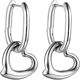 Heart Dangle Huggie Hoop Earrings: Womens Stainless Steel Heart Dangle Drop Earrings Hoops for Birthday Valentines Christmas