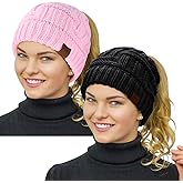 Rosoz Womens Ponytail Beanie Winter Beanie Hat Ponytail Hatfor Women Tail Stretch Cable Knit Cap Messy High Bun Hat