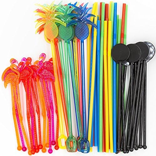 Bar Caddy Supplies - 60 Pack of Assorted Swizzle Sticks, Drink Stirrers & Disposable Drinking Straws (8.25" resp 9.5" - flexible) - Medium Bar Party Supply Refill Pack for Bar Organizer - 12 pc /Model