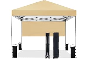 Tunbne 10'x10' Pop Up Canopy Tent with Half Sidewall, 1-Person Easy Setup, Instant Shade Canopy with Sliver Coated for Parties Beach Outdoor, Wheeled Carrying Bag, Stakes, 4 Ropes, 4 Sandbags (Sand)