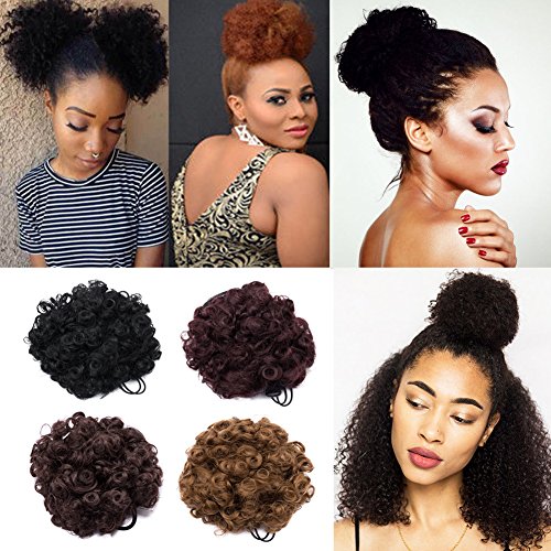 Short Afro Kinky Curly Puff Ponytail Hair Extensions Fluffy Synthetic Drawstring Hair Bun for African American Black Women 1piece dark brown