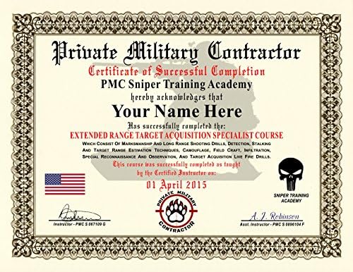 Private Military Contractor Diploma / Certificate (SNIPER TRAINING COURSE) - Custom Novelty Gag Diploma - 100% Real Looking! Free Certificate Folder - Inspired by Blackwater