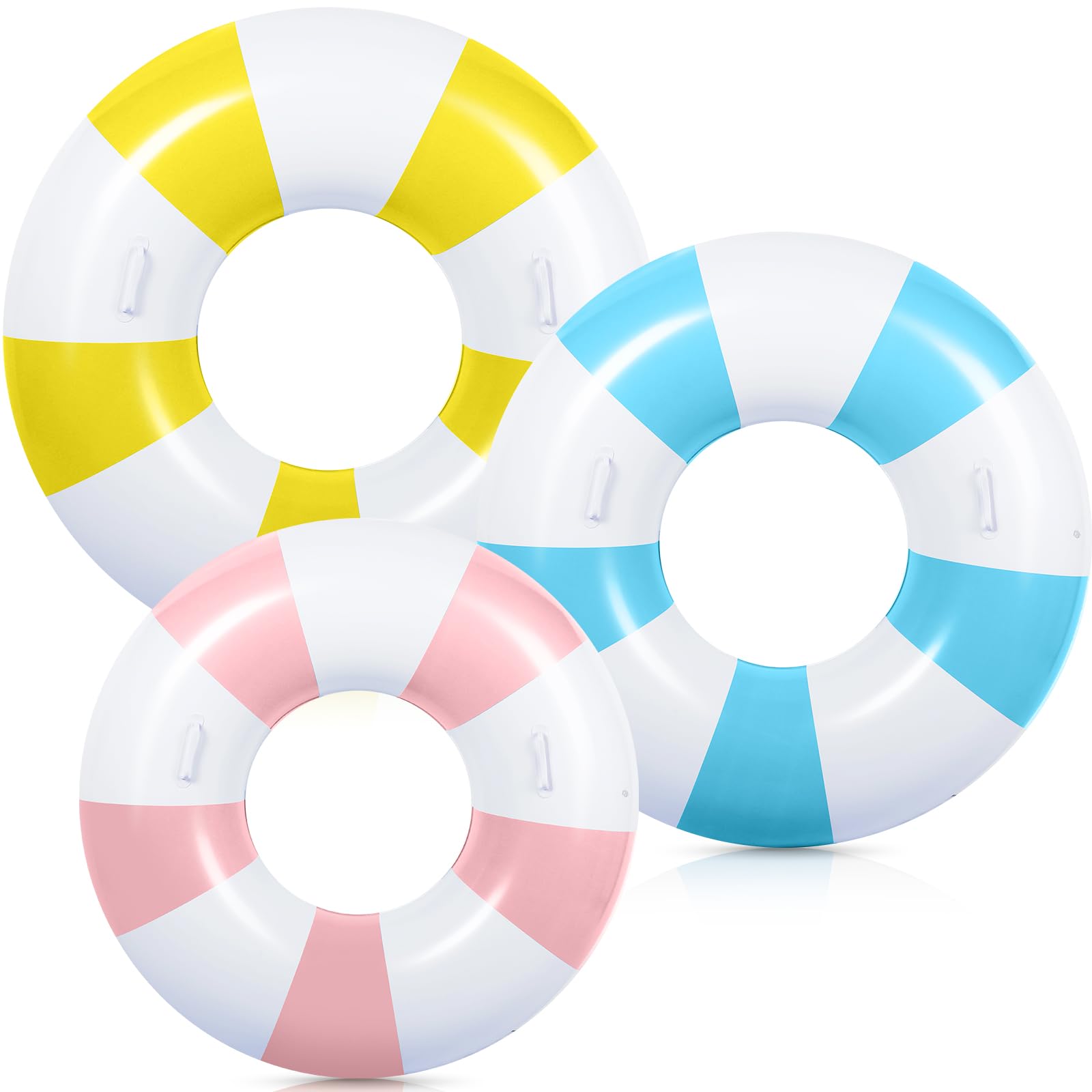 Photo 1 of WinnerWhy 3 Pcs Large Swim Ring with Handles Set 47.24" 39.37" 35.43" Inflatable Pool Inner Tube Classic Striped Pool Ring Floats for Adults Teens Summer Beach Party Supplies (Yellow, Blue, Pink)
