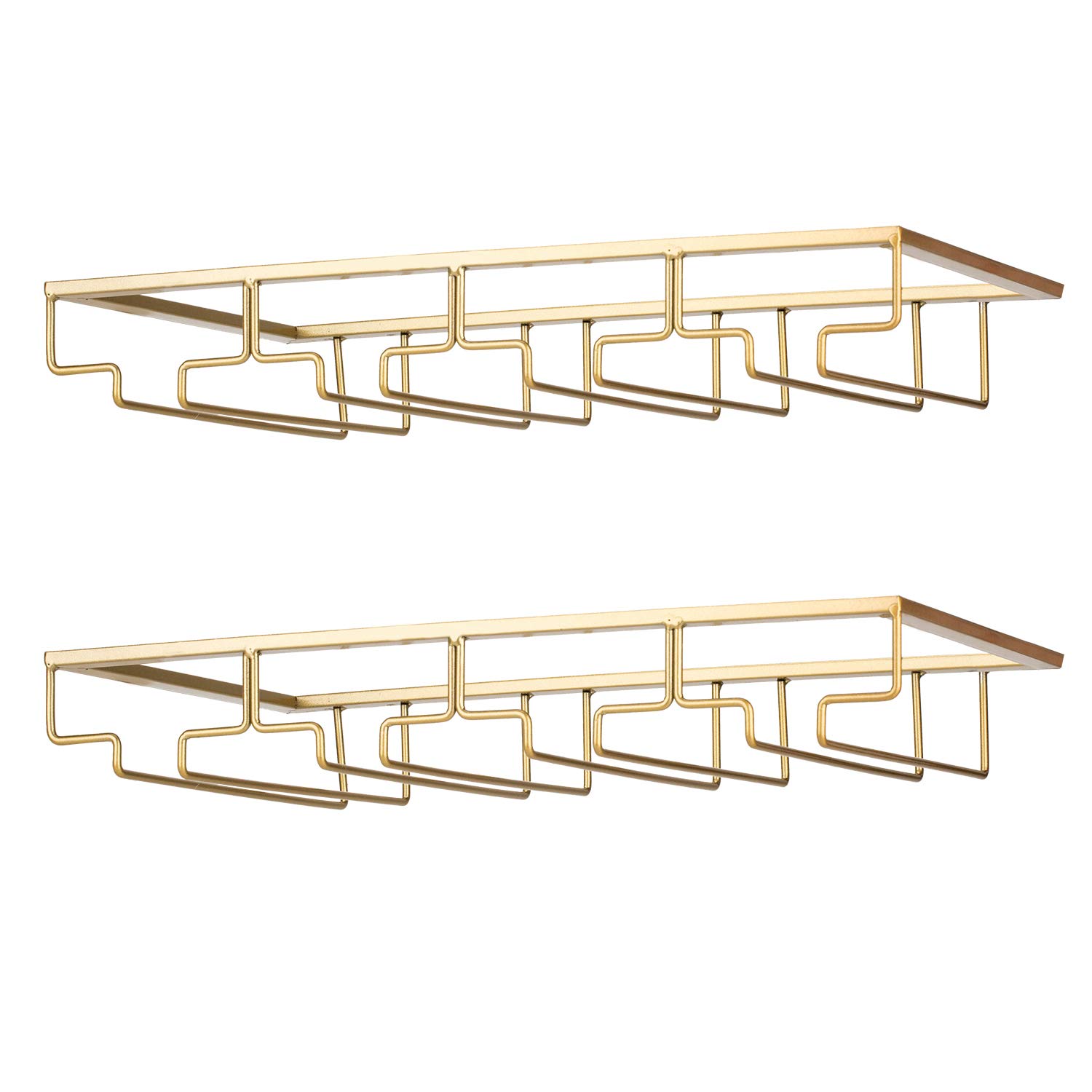 FOMANSH Wine Glass Rack - Under Cabinet Stemware Wine Glass Holder Glasses Storage Hanger 2 Pack Metal Organizer for Bar Kitchen 4 Rows Gold