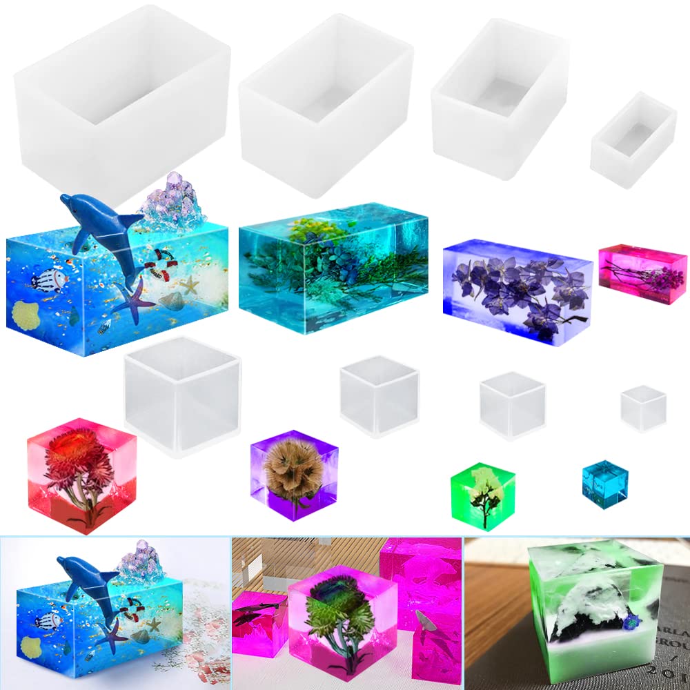 8 Pcs Cube Cuboid Resin Moulds, FineGood Silicone Moulds for Resin DIY Clear Square Resin Mould Silicone Epoxy Resin Moulds for Crystal Decoration Candle Making