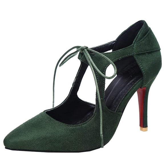 Coolulu Damen High Heels Stiletto Spitz Pumps mit Knöchelriemen Schuhe Zum Schnüren