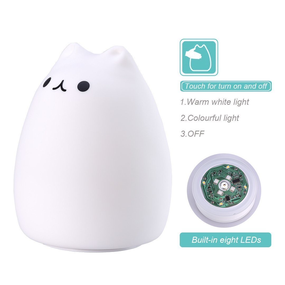 ProGreen Cute Night Light for Baby Kids Bedroom, LED Night Light, Bedsides Table Lamp, USB Charger, with 7 Modes of Lighting, Portable Silicone Cat Form for Bedroom, Living Room and Office