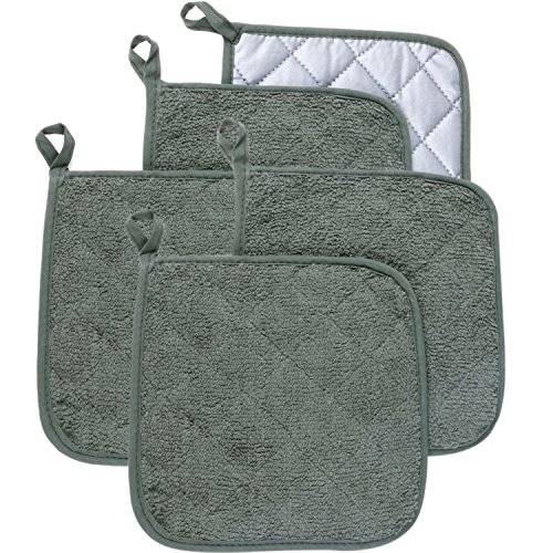 Lifaith 100% Cotton Kitchen Everyday Basic Terry Pot Holder Heat Resistant Coaster Potholder for Cooking and Baking Set of 5 Artichoke Green