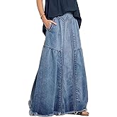 ebossy Women's Casual Elastic Waist Frayed Hem A-Line Distressed Hippie Long Maxi Denim Skirt