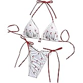 WDIRARA Women's 2 Piece Swimsuit Cherry Print Bikini Set Halter Triangle Bikini Side Tie String Bathing Suits