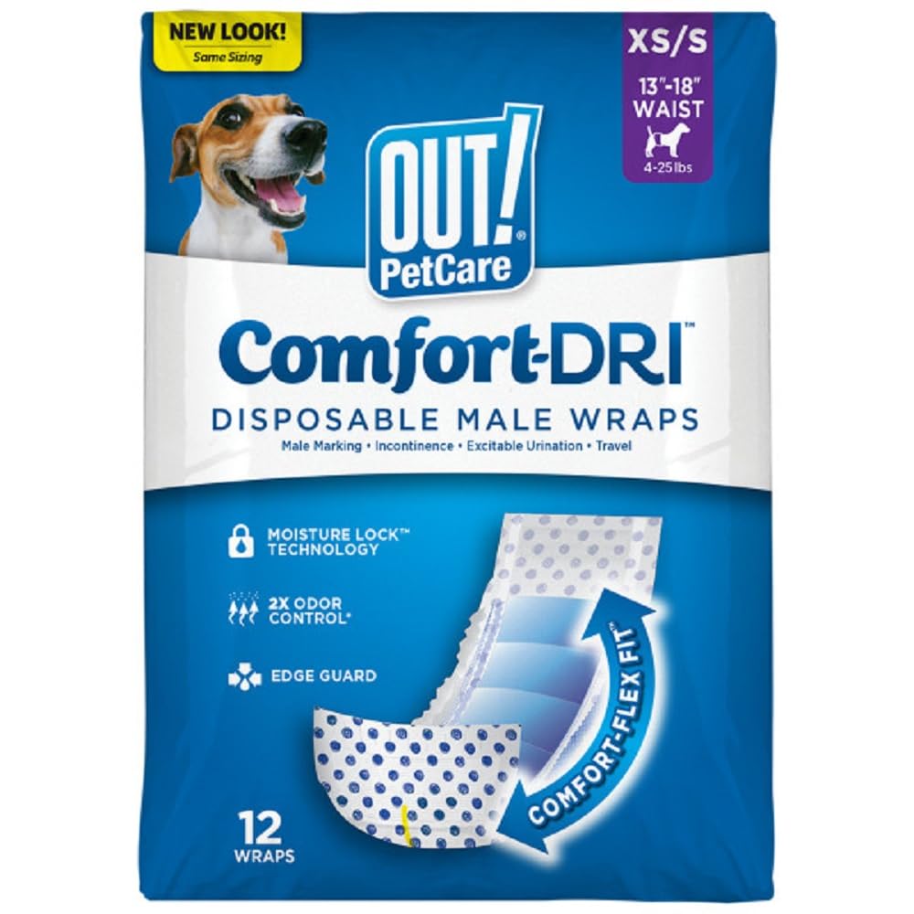 OUT! Disposable Male Dog Diapers | Absorbent Male Wraps with Leak Proof Fit | XS/S - Pack of 12