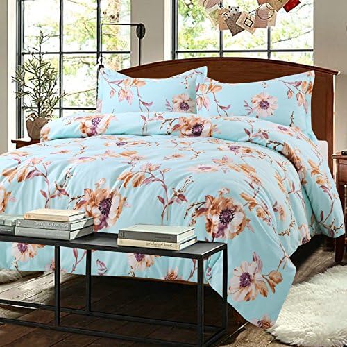 KINA LINEN 3 Piece Floral Duvet Cover Set, Hotel Quality Soft Brushed Microfiber, Full Queen Size, Light Turquoise
