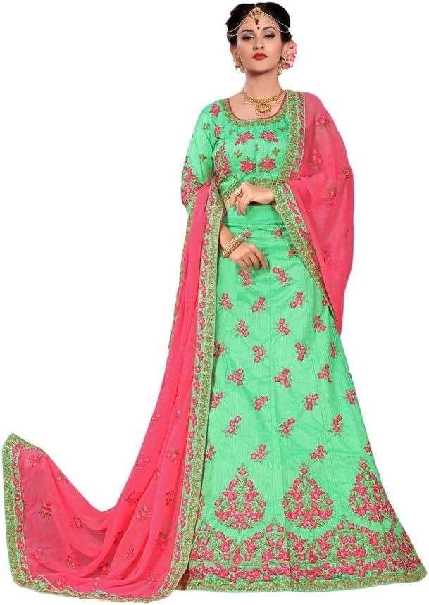 EthnicWear Trendy Indian Designer Art Silk Embroidered Resham Work Sea Green Ghagra Choli Lehanga Choli
