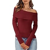 Imily Bela Womens Off The Shoulder Sweaters Casual Long Sleeve Ribbed Knit Slim Fit Y2K Going Out Pullover Tops
