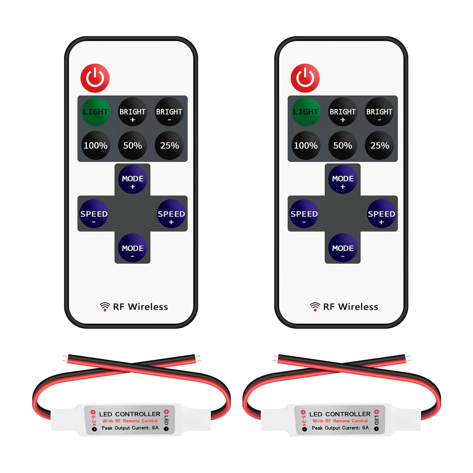 VIPMOON 2 Pack RF Mini Wireless LED Strip Light Controller Kit, 11-Key Remote with Receiver for 5050 3528 5630 Single Colour LED Strips Lights, DC 5-24V