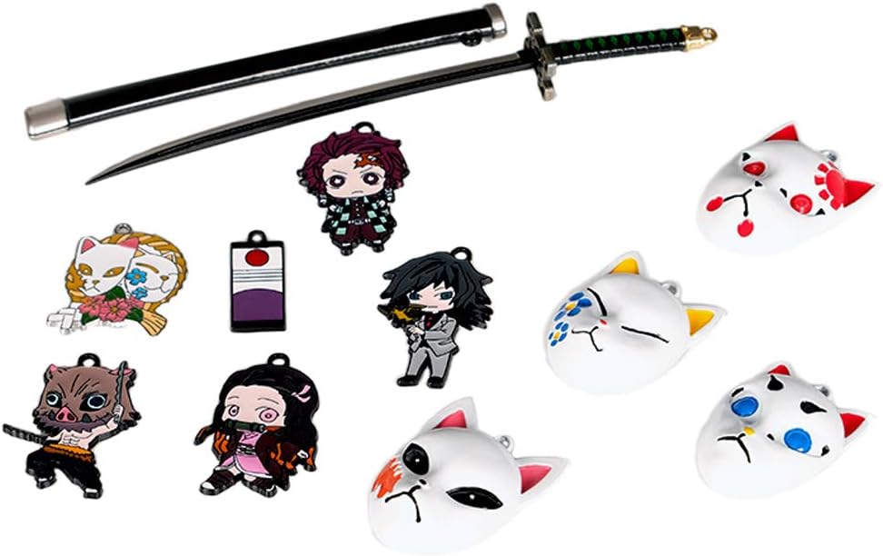 Gankchen 1 Set Demon Slayer Cosplay Pendant Sets Keychain Kimetsu no Yaiba Pendants Pins Badge Kamado Tanjirou Sword keychains Hanging Ornament Cute Keyring Keychain Key Tag 11in 1