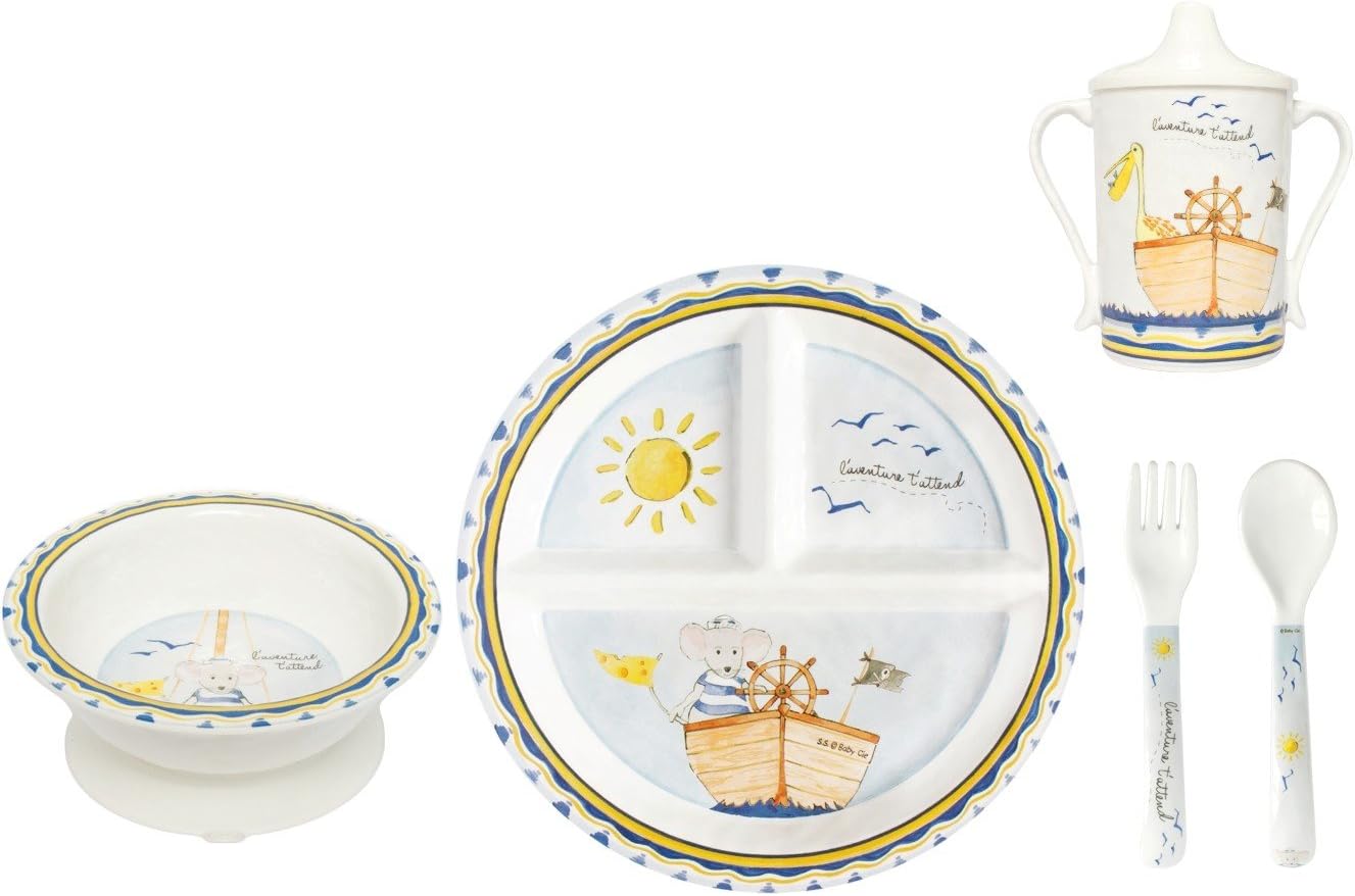 Baby Cie Melamine Plate, Sippy Cup, Bowl, Fork & Spoon, 5 Piece Set (Adventure Awaits)