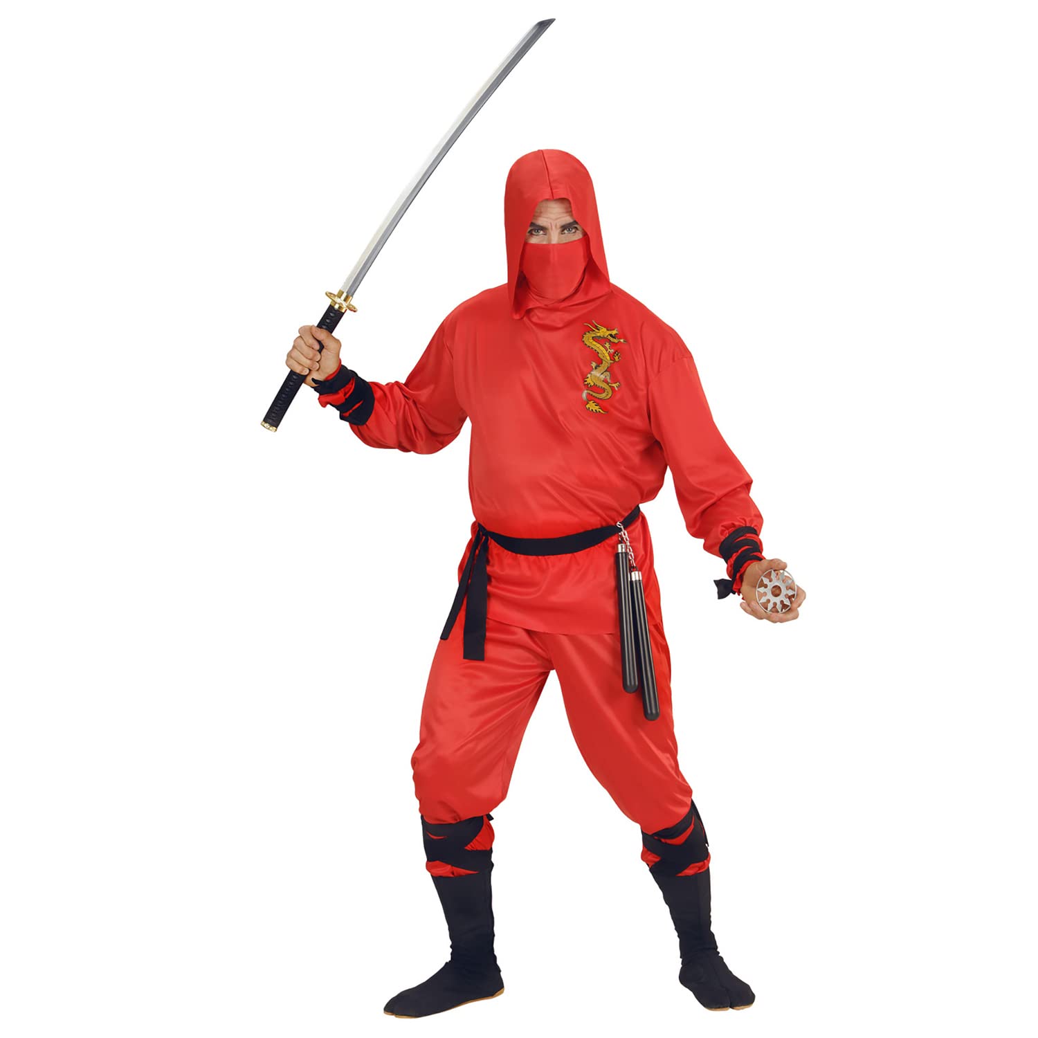 Widmann 01333 ? Adults Dragon Ninja Costume, Hooded Top, Trousers, Belt, Face Mask, Red