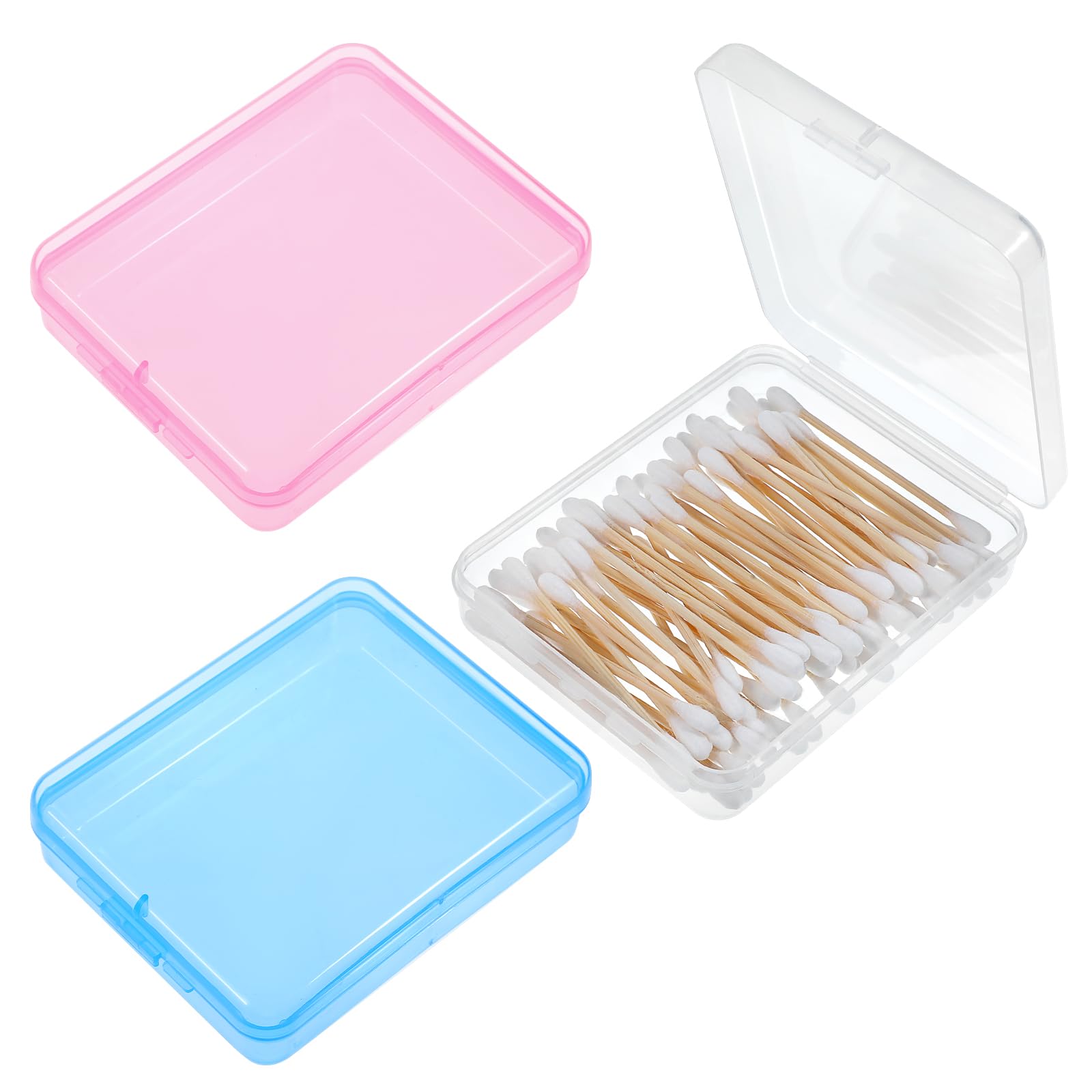 Bremorou Square Cotton Pad Travel Holder 3 Pcs Travel Qtips Case Cotton Pad Holder Dispenser Cosmetic Sponge Storage Box Cotton Swab Case For Rounds Swabs Floss (Pink, Transparent, Blue)
