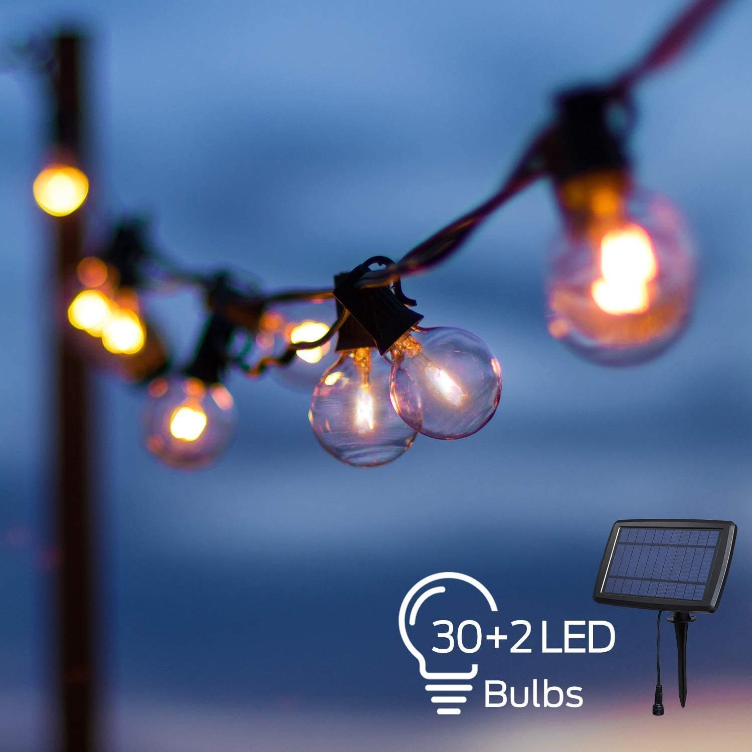 OxyLED LED Solar String Lights with 30+2 Clear G40 Bulbs, 33 Ft Hanging