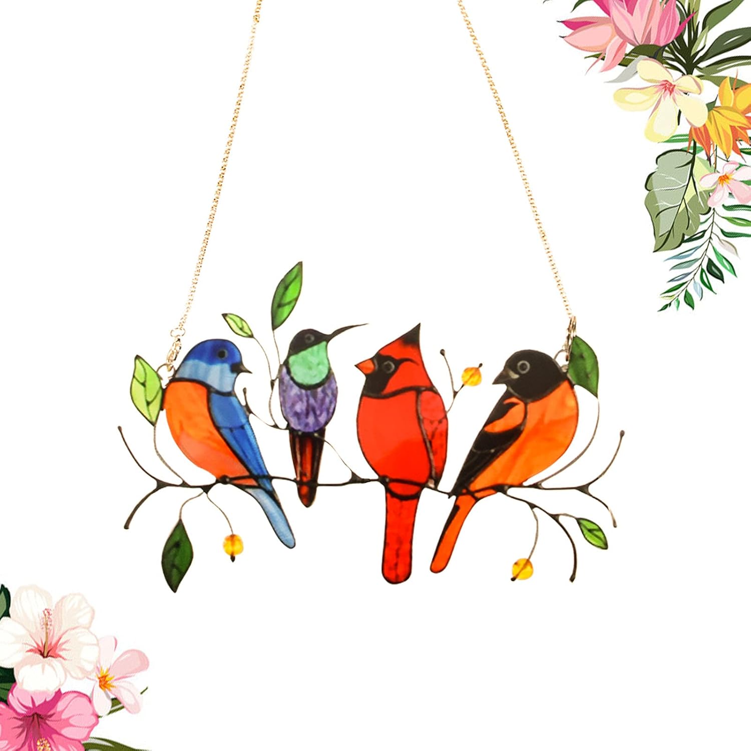 HUOQB Multicolor Birds on a Wire High Stained Glass Window Hangings, Bird Series Sculptures Pendant for Patio Yard Decor Creative Gifts, Home Decoration and Gifts for Bird Lover(4 Birds)