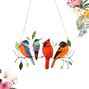 HUOQB Multicolor Birds on a Wire High Stained Glass Window Hangings, Bird Series Sculptures Pendant for Patio Yard Decor Creative Gifts, Home Decoration and Gifts for Bird Lover(4 Birds)