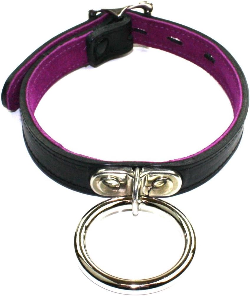 Slap leather small neck collar with ring in black leather with hot pink suede lining