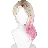 Probeauty Short Blonde Mixed Pink Cosplay Wig Medium Long Hair Wig for Women Halloween Costume Dress Party
