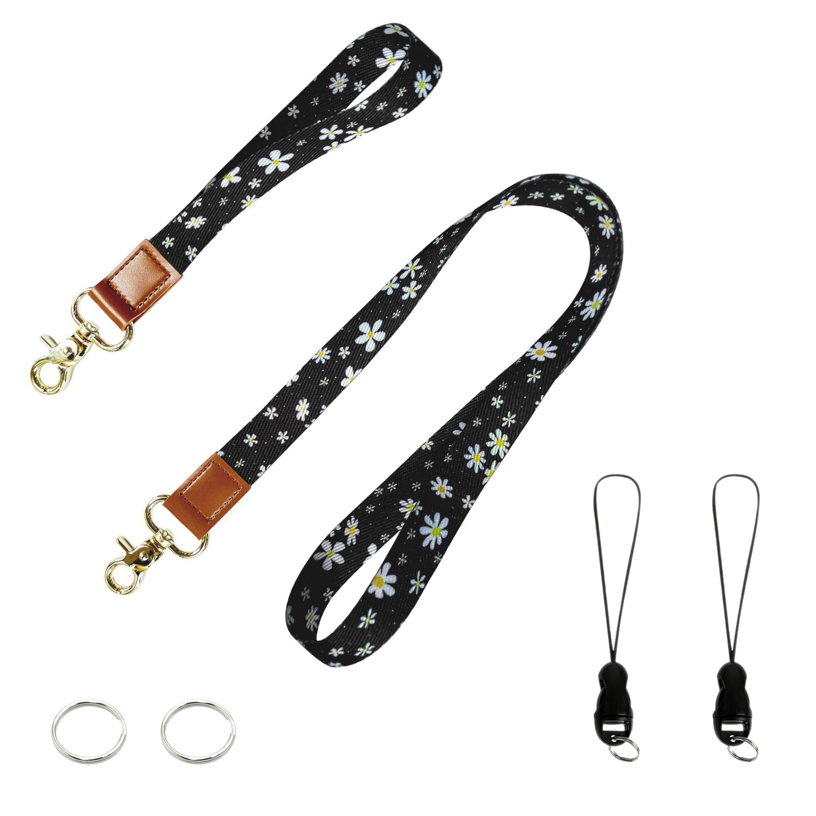 PAITOK Neck Lanyard & Wrist Lanyard Strap Set with Metal Clasp personalised lanyard with Two Metal Key Rings for ID Badge Holder Keys Charms(black and white small flowers)