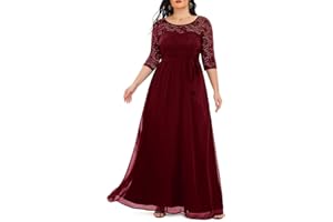 PINUP FASHION Women's Plus Size Lace Chffon Long Maxi 3/4 Sleeve V-Back Formal Dress