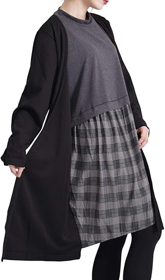 Amazon ゴールドジャパン 大きいサイズ レディース ワンピース フェイク チェック 長袖 ミディアム 切替 ボトルネック ワンピース チュニック 通販
