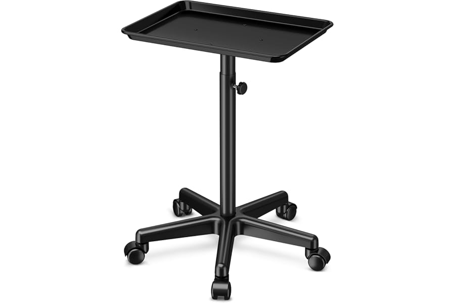 DEER BEAUTY Salon Tray on Wheels – Premium Aluminum Tattoo Tray Rolling Trolley – Adjustable Salon Service Rolling Tray Hairdresser Cart with Clinic Spa Rolling Tray Wheels (Black)