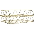 PAG 2 Packs Desktop File Organizer Metal Stackable Horizontal Letter Tray Paper Holder Rack, Gold