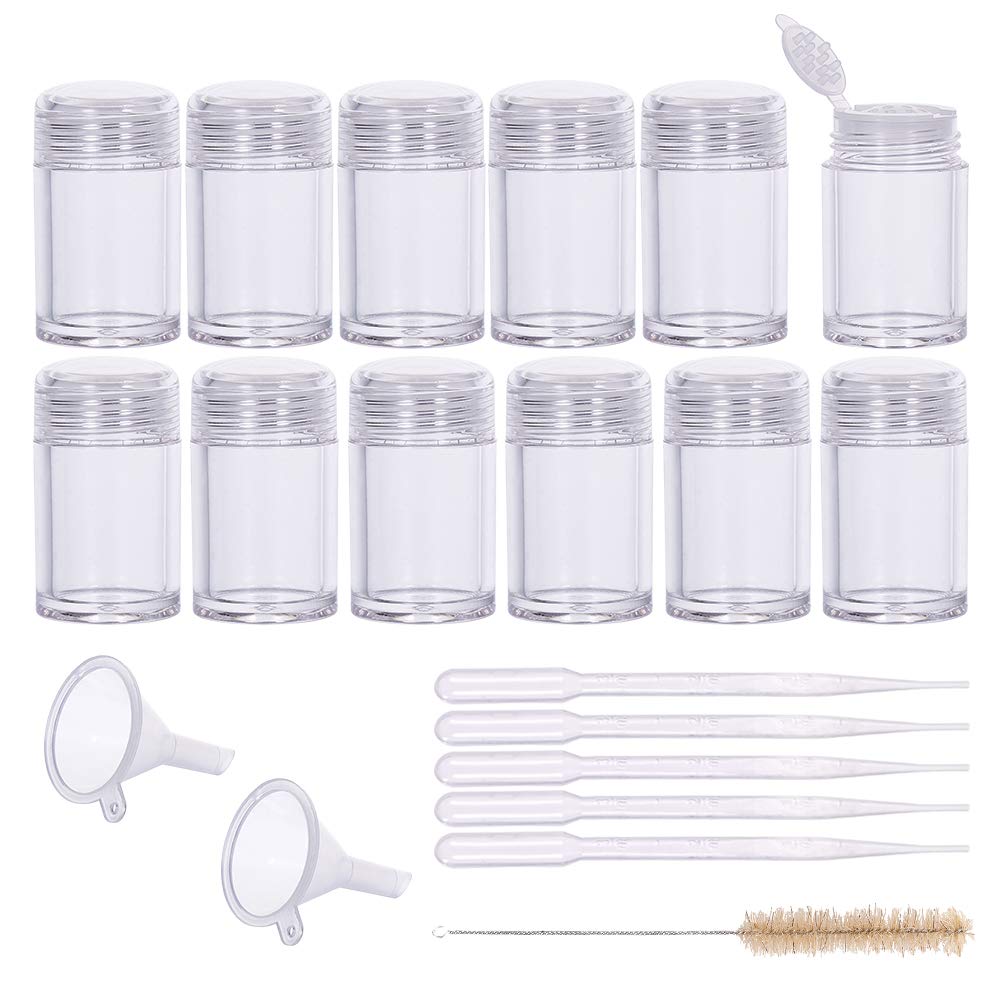 BENECREAT 12 Packs 10ml Small Plastic Loose Bottle Jars Glitter Containers with Sifter, Cleaning Brush, Funnel and Droppers for Makeup Product