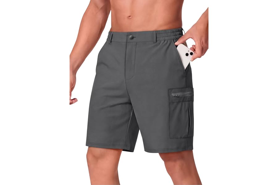 Crastimo Men Casual Shorts 9" Stretch 6 Pockets Quick Dry Lightweight Elastic Waist No Lining Hiking Travel Golf