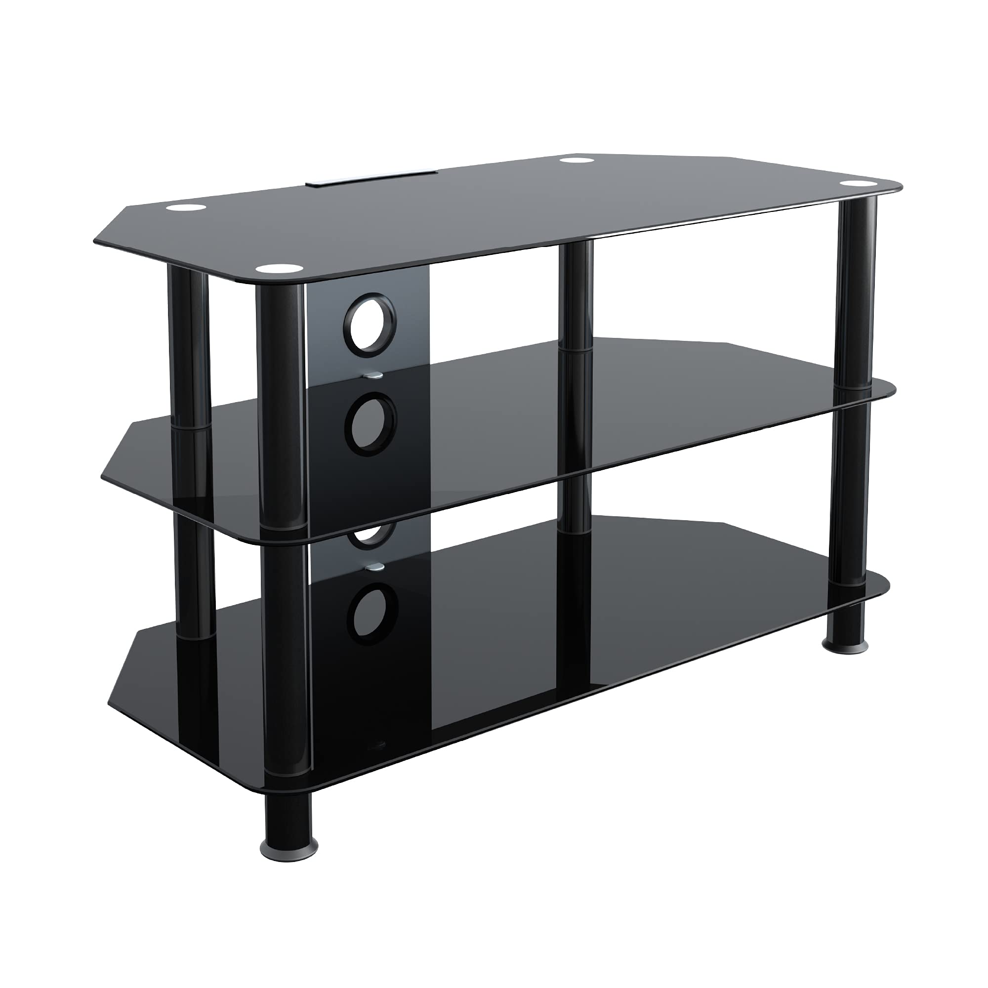 MAHARA Glass Corner TV Stand – Universal Black TV Unit 80cm wide with Glass Shelves and Cable Management – TV Floor Stand Suitable for up to 42” TVs and Max Weight 40kg