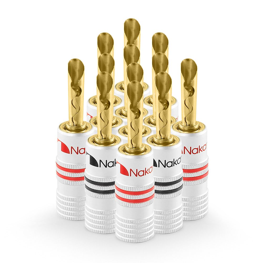 Nakamichi Excel Series 24k Gold Plated Banana Plug 12 AWG - 18 AWG Gauge Size 4mm Speakers Amplifier Hi-Fi AV Stereo Home Theatre Audio Wire Cable Screw Connector 12 Pcs (6-Pairs), BFA Banana Plug