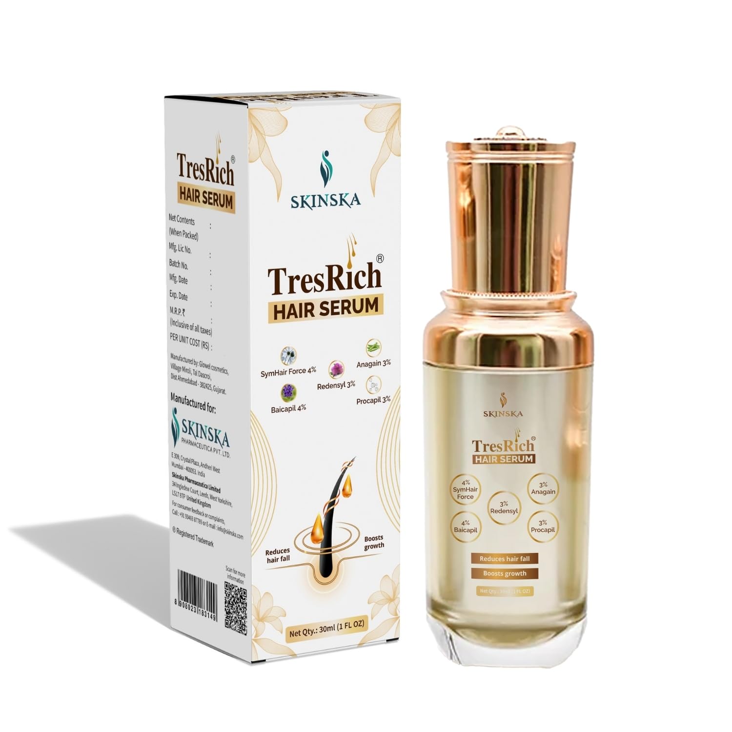 SKINSKA NATURALS TresRich Advanced Hair Serum for Men & Women, Daily Scalp Care with Redensyl, Anagain, Procapil & Baicapil, Leave In Serum for Thicker & Healthy Looking Hair – (30ml)1.01 fl oz