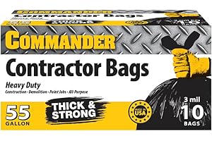 Commander 55 Gallon 3 MIL (eq) Heavy Duty Contractor Bags with Flap Ties - 36" x 56" with flaps - Pack of 10 - For Contractor, Industrial, & Outdoor