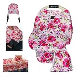 Baby Car Seat Cover, Nursing Cover for Breastfeeding Moms, Grocery Cart Cover, 4 in 1 Multi Use Stretchy Canopy for Baby Girls