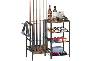 Tikimilor Pool Stick Holder for 10 Cue Sticks, Pool Cue Rack Floor Stand with 4-Tier Storage Shelf for Billiard Accessories, Billiard Equipment Organizer for Game Room Club or Men Cave, Black