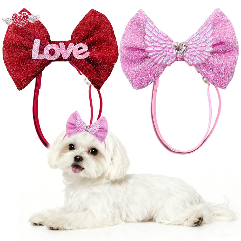 Photo 1 of 1pc only.      Dog Hair Bow Headband for Small Medium Dogs, Adjustable Love Heart Pet Dog Hair Bow Headband for Pets Puppy Cats Valentine's Day Grooming Accessories (Love and Wings)