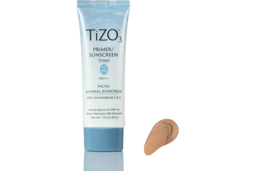 TiZO3 Facial Mineral Sunscreen and Primer, Tinted Broad Spectrum SPF 40 with Antioxidants, Sheer matte finish, Fragrance-Free, Oil-Free, Dermatologist-recommended, PA+++ 1.75 oz