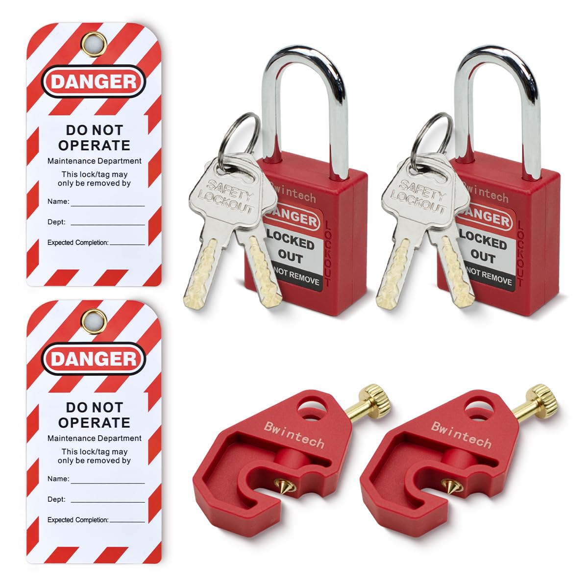 Bwintech 2 Piece 38MM Different Red Safety Padlock Set with Key with Circuit Breaker Safety Lock Padlock Loto Tag Safety Padlock Meets the Requirements of Industrial Electrical Latch Tagging Kits